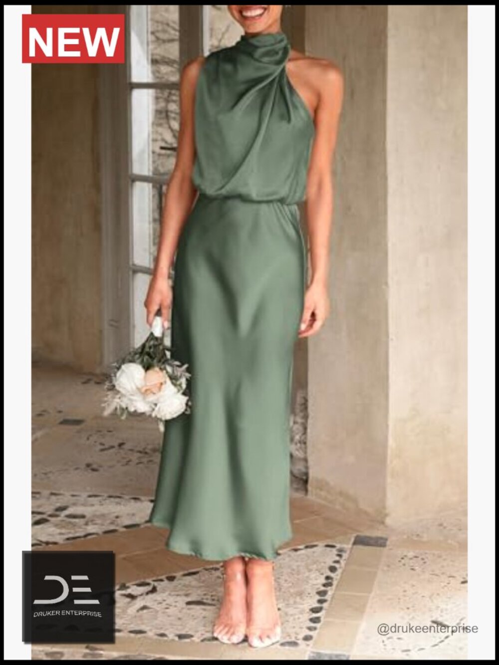 Elegant Sleeveless Mock Neck Maxi Dress with Satin Finish - Picture 5 of 7